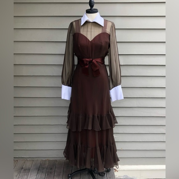 Vtg 60s/70s Wednesday Addams Goth Prairie Tiered Ruffle Contrast Trim Maxi Dress - Picture 10 of 17